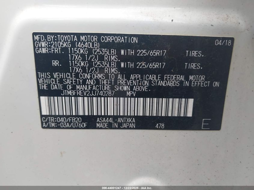2018 Toyota Rav4 Le VIN: JTMBFREV2JJ740287 Lot: 44001247