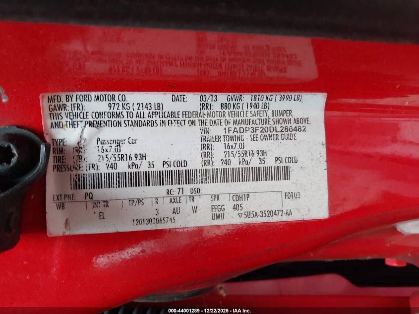 2013 Ford Focus Se VIN: 1FADP3F20DL286482 Lot: 44001289