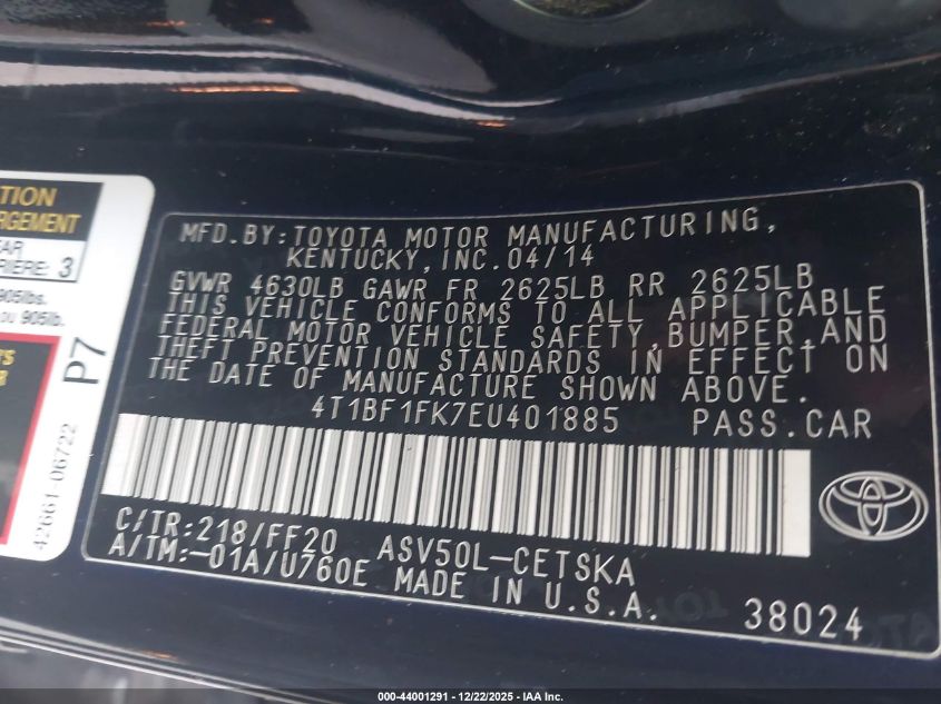 2014 Toyota Camry Se VIN: 4T1BF1FK7EU401885 Lot: 44001291