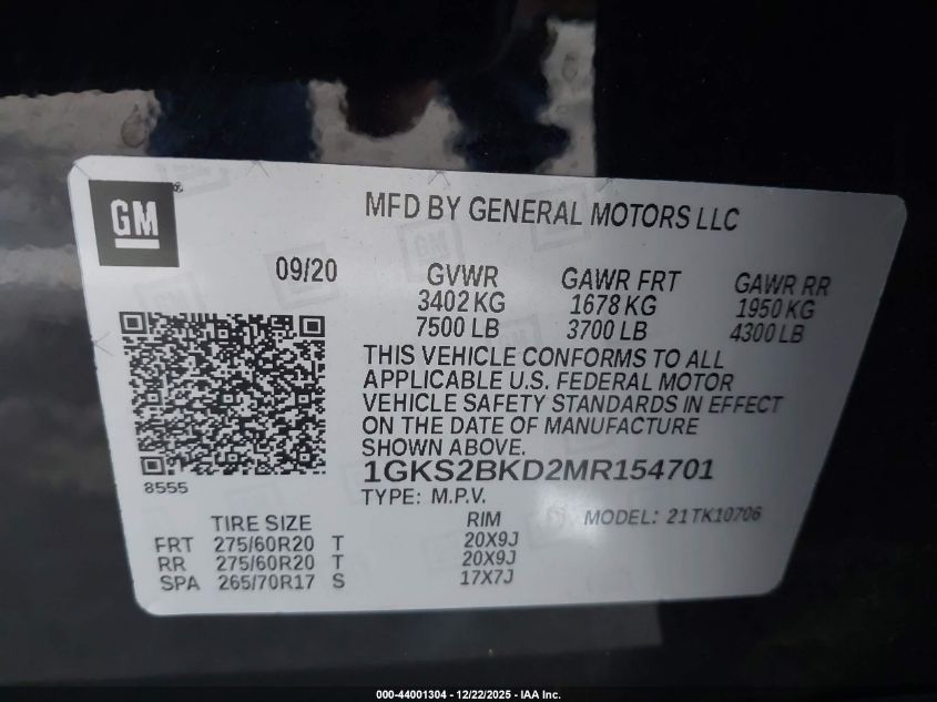 2021 GMC Yukon 4Wd Slt VIN: 1GKS2BKD2MR154701 Lot: 44001304