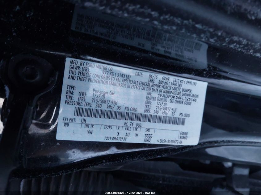 2015 Ford Focus Se VIN: 1FADP3K24FL325146 Lot: 44001326