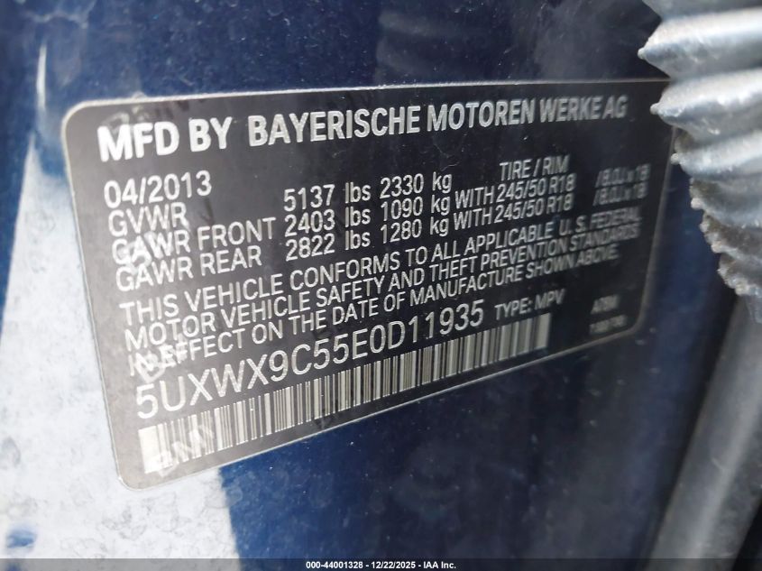 2014 BMW X3 xDrive28I VIN: 5UXWX9C55E0D11935 Lot: 44001328