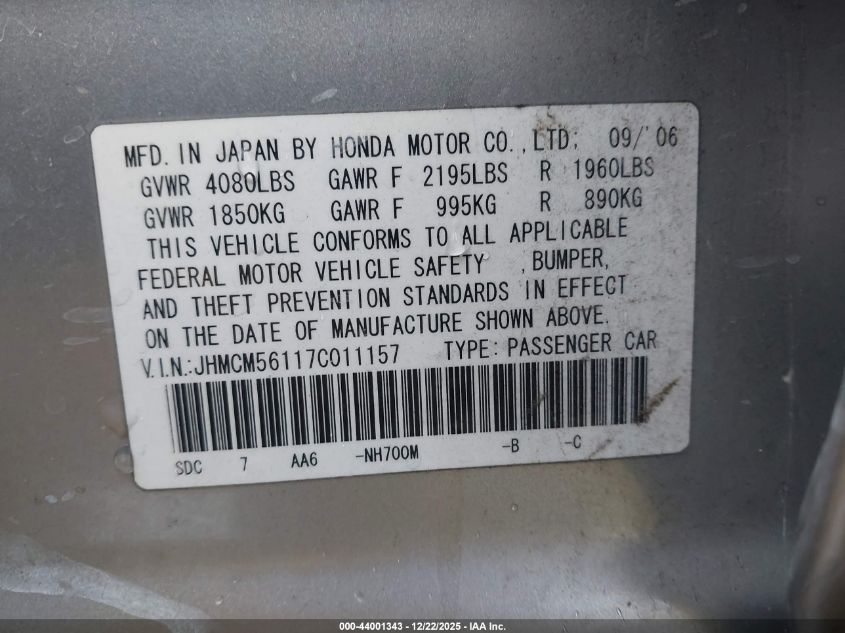 2007 Honda Accord 2.4 Vp VIN: JHMCM56117C011157 Lot: 44001343