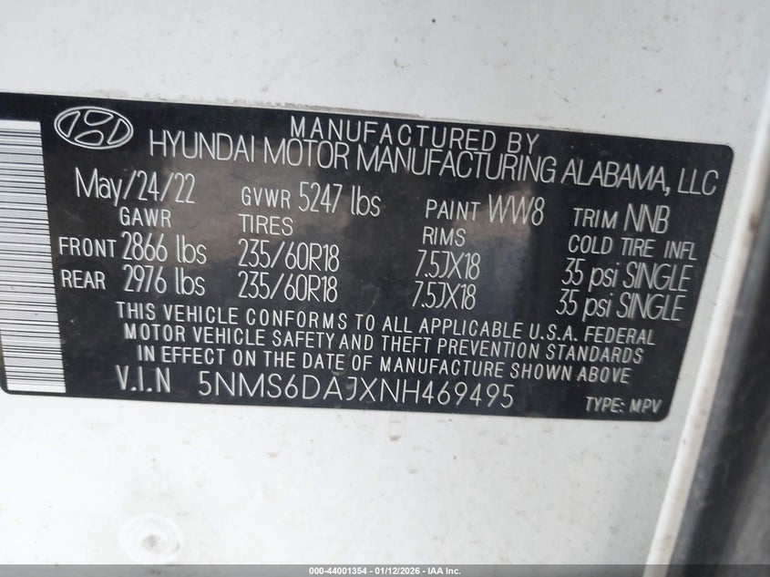 VIN 5NMS6DAJXNH469495 2022 HYUNDAI SANTA FE XRT