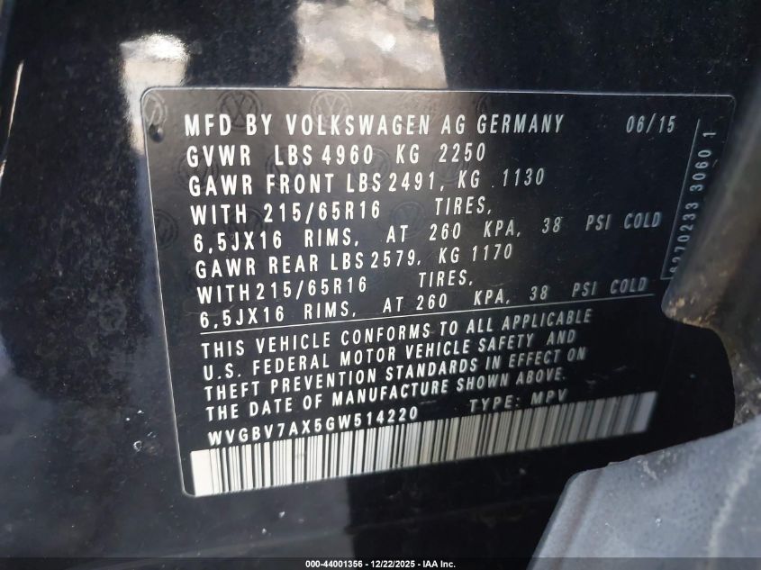 2016 Volkswagen Tiguan S VIN: WVGBV7AX5GW514220 Lot: 44001356