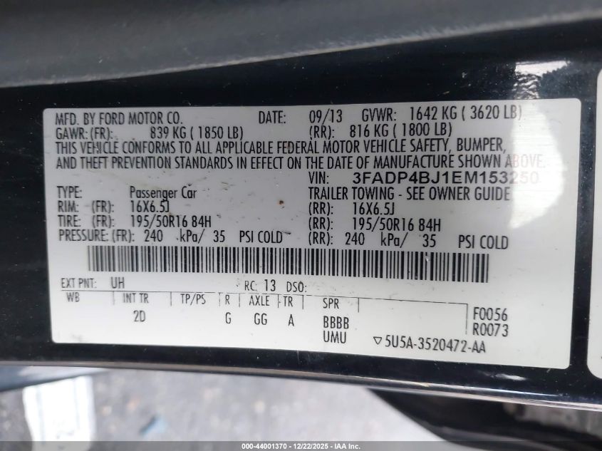 2014 Ford Fiesta Se VIN: 3FADP4BJ1EM153250 Lot: 44001370