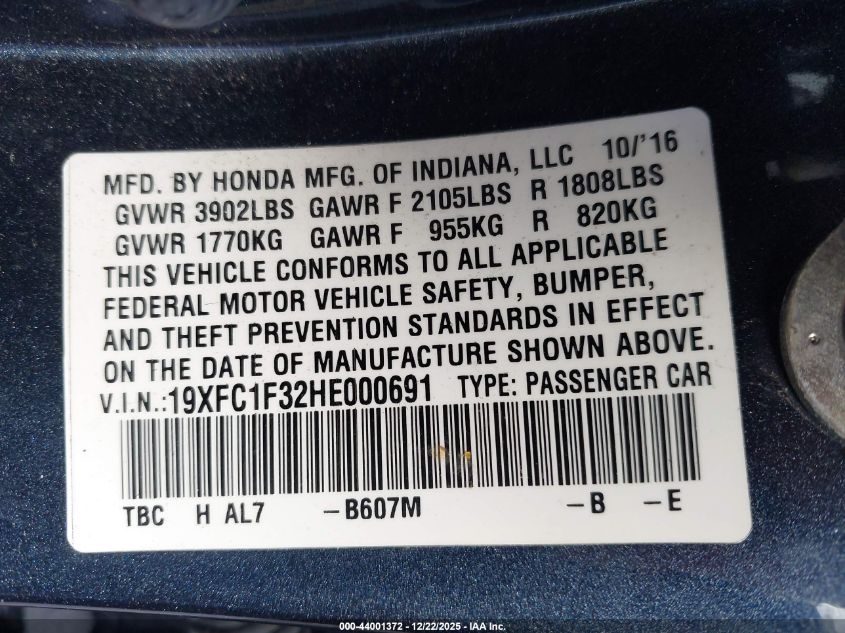 2017 Honda Civic Ex-T VIN: 19XFC1F32HE000691 Lot: 44001372