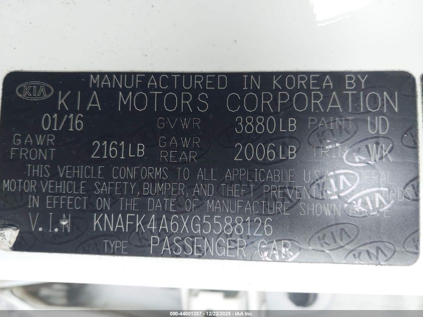2016 Kia Forte Lx VIN: KNAFK4A6XG5588126 Lot: 44001387