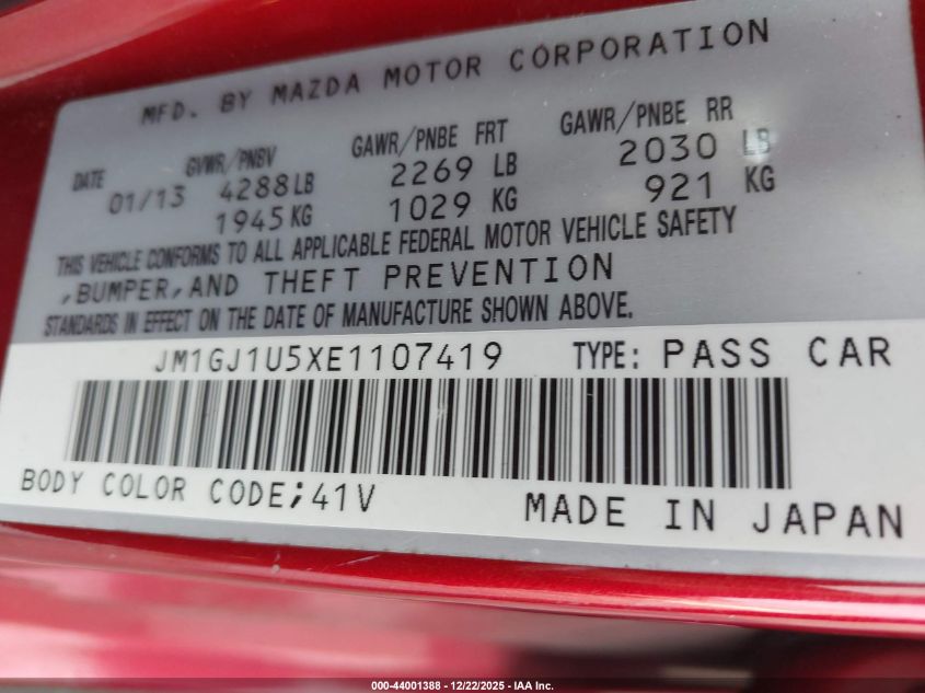 2014 Mazda Mazda6 I Sport VIN: JM1GJ1U5XE1107419 Lot: 44001388