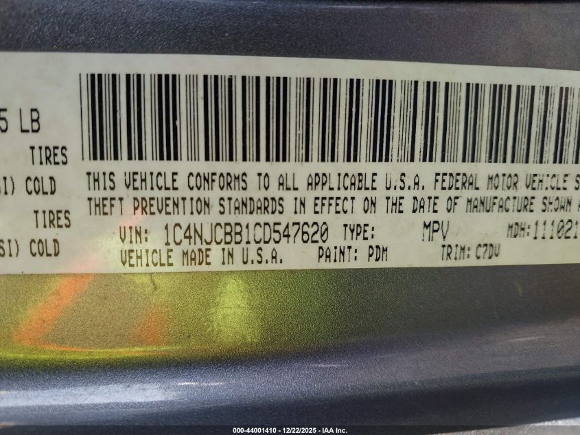 2012 Jeep Compass Sport VIN: 1C4NJCBB1CD547620 Lot: 44001410