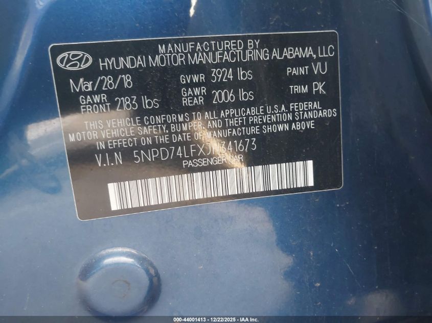 2018 Hyundai Elantra Se VIN: 5NPD74LFXJH341673 Lot: 44001413