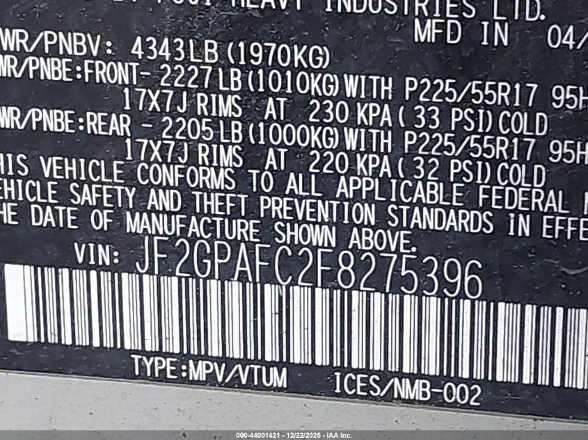 2015 Subaru Xv Crosstrek 2.0I Premium VIN: JF2GPAFC2F8275396 Lot: 44001421