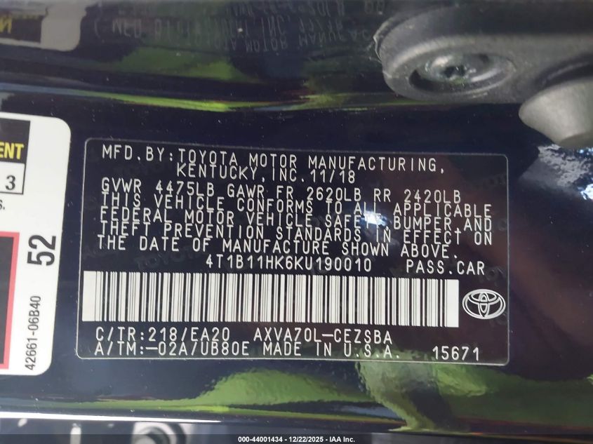 2019 Toyota Camry Se VIN: 4T1B11HK6KU190010 Lot: 44001434