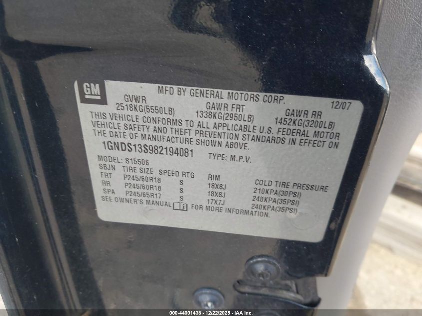 2008 Chevrolet Trailblazer Lt VIN: 1GNDS13S982194081 Lot: 44001438