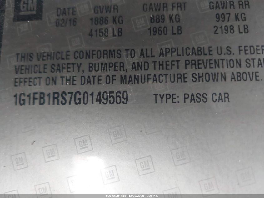 2016 Chevrolet Camaro 1Lt VIN: 1G1FB1RS7G0149569 Lot: 44001444