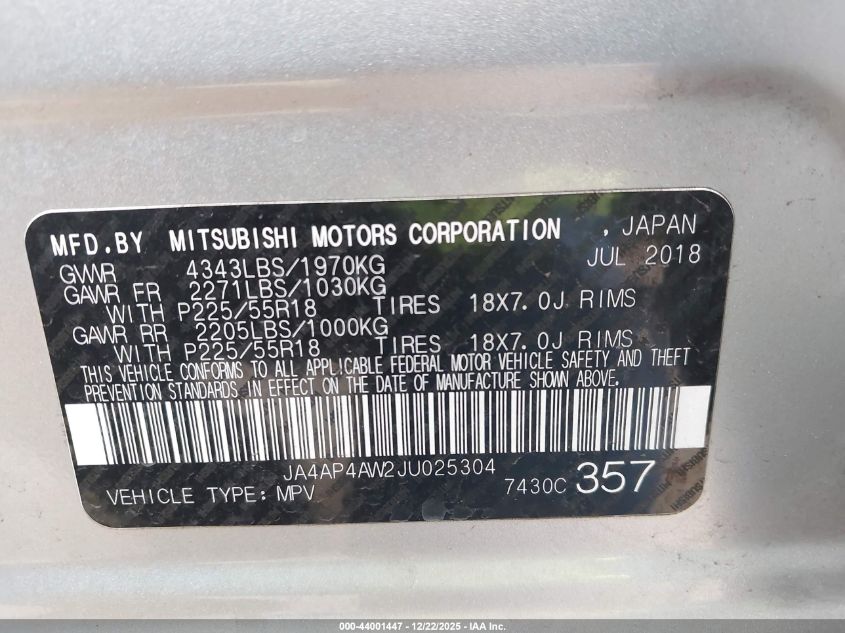 2018 Mitsubishi Outlander Sport 2.4 Sel VIN: JA4AP4AW2JU025304 Lot: 44001447