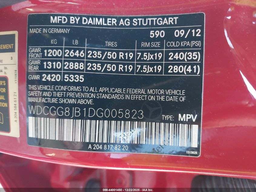 2013 Mercedes-Benz Glk 350 4Matic VIN: WDCGG8JB1DG005823 Lot: 44001450