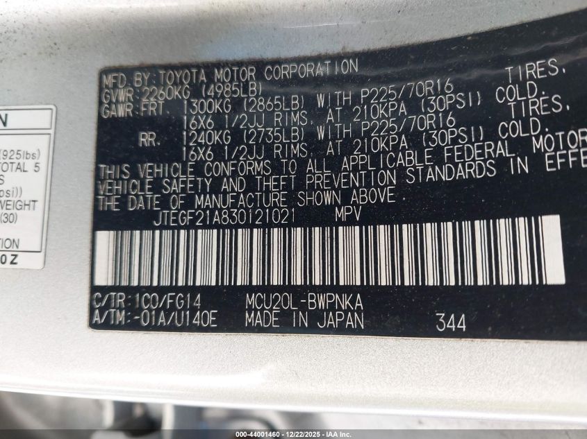 2003 Toyota Highlander V6 VIN: JTEGF21A830121021 Lot: 44001460