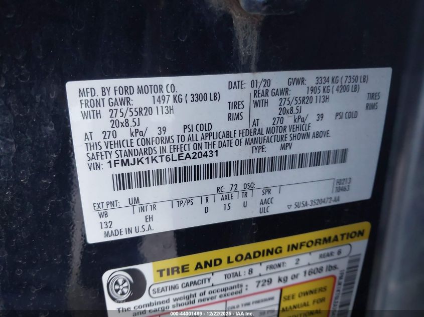 2020 Ford Expedition Limited Max VIN: 1FMJK1KT6LEA20431 Lot: 44001489