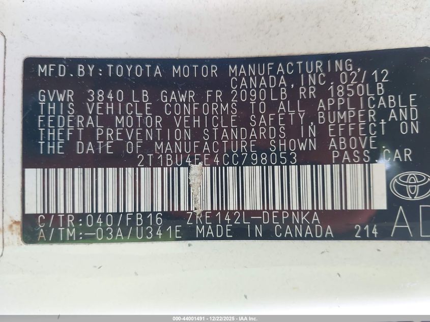 2012 Toyota Corolla Le VIN: 2T1BU4EE4CC798053 Lot: 44001491