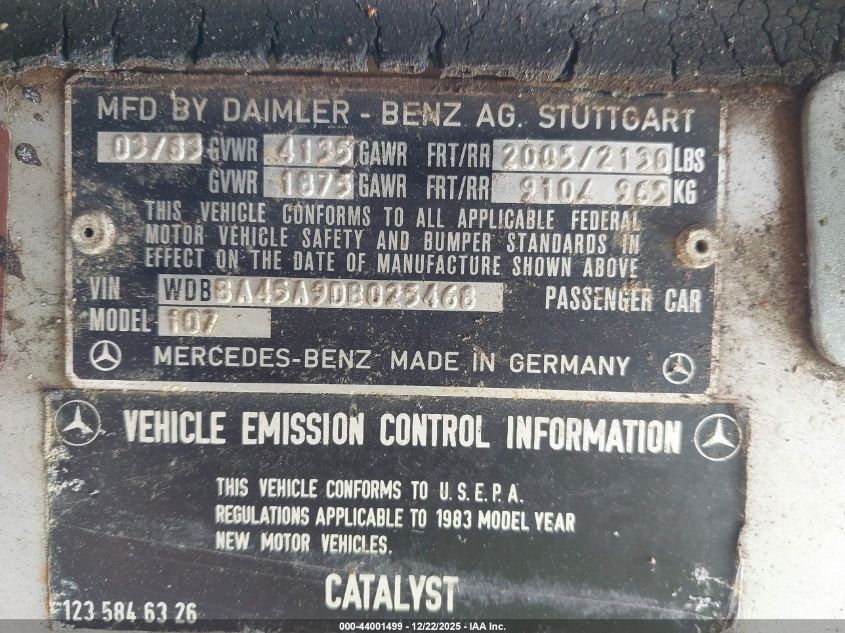 1983 Mercedes-Benz 380 Sl VIN: WDBBA45A9DB025468 Lot: 44001499
