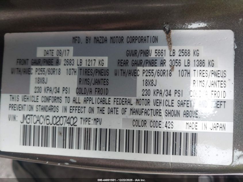 2018 Mazda Cx-9 Touring VIN: JM3TCACY6J0207402 Lot: 44001501