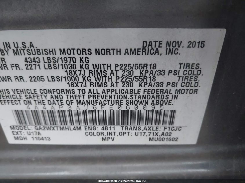 2015 Mitsubishi Outlander Sport Es VIN: 4A4AP3AU6FE060095 Lot: 44001538