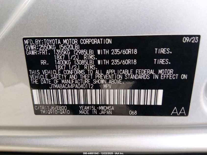 2023 Toyota Bz4X Xle VIN: JTMABACA4PA040112 Lot: 44001540