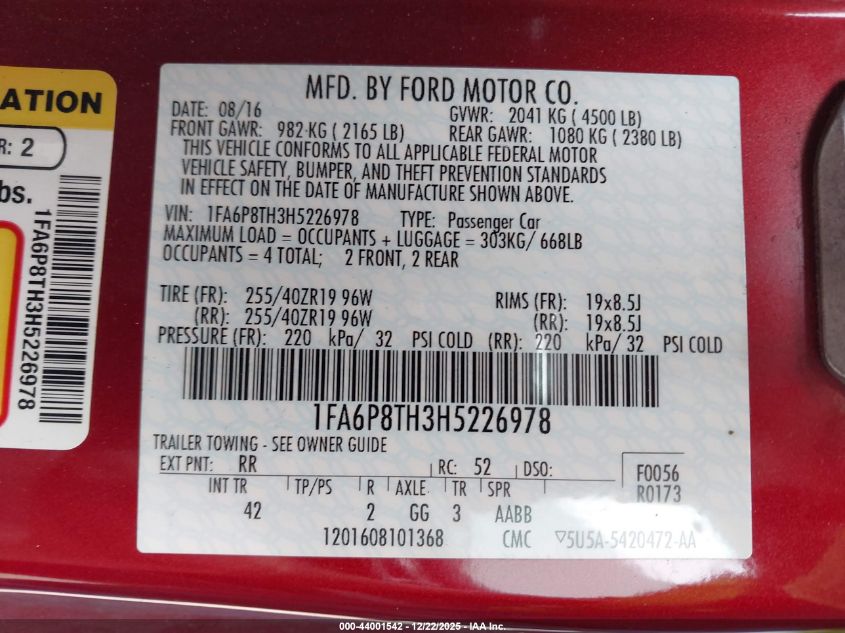 2017 Ford Mustang Ecoboost VIN: 1FA6P8TH3H5226978 Lot: 44001542