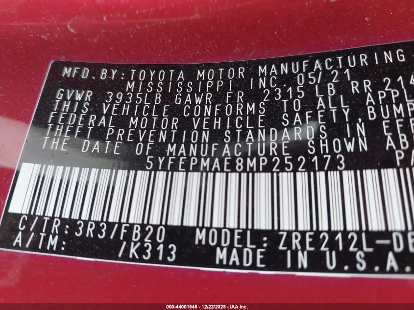 2021 Toyota Corolla Le VIN: 5YFEPMAE8MP252173 Lot: 44001546