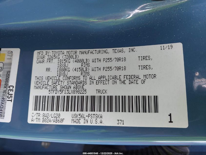 2020 Toyota Tundra Sr5 VIN: 5TFDY5F13LX898225 Lot: 44001548