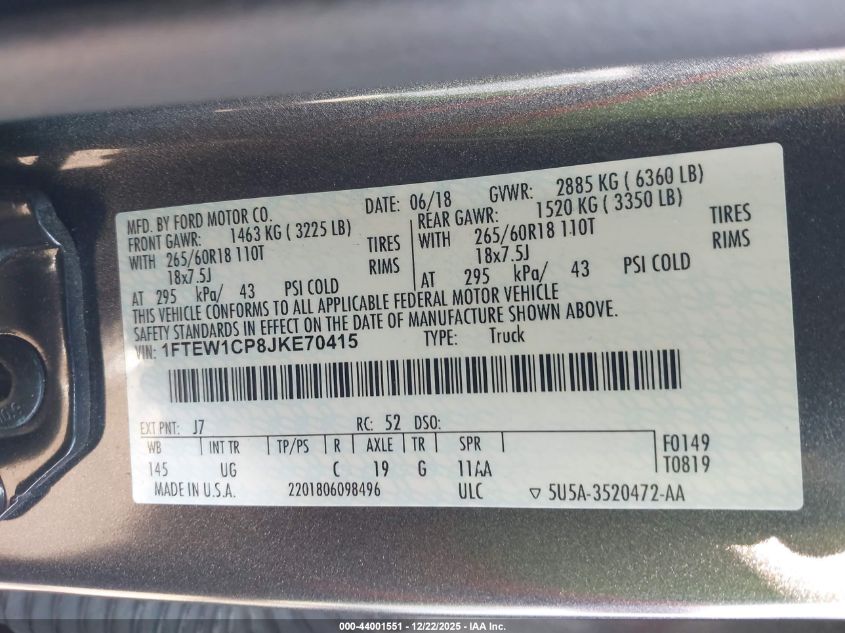 2018 Ford F-150 Xlt VIN: 1FTEW1CP8JKE70415 Lot: 44001551