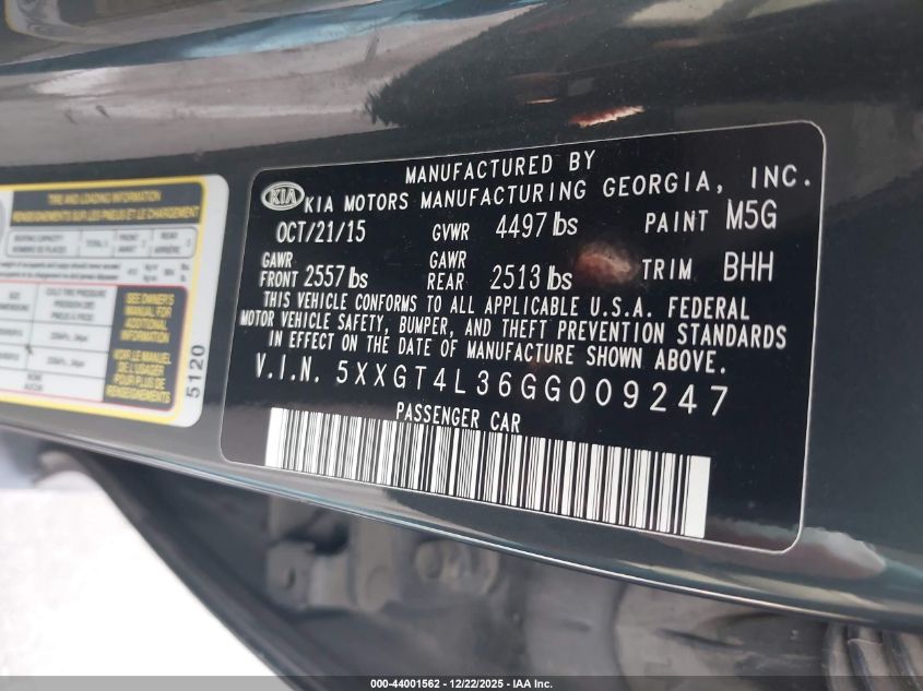 2016 Kia Optima Lx VIN: 5XXGT4L36GG009247 Lot: 44001562