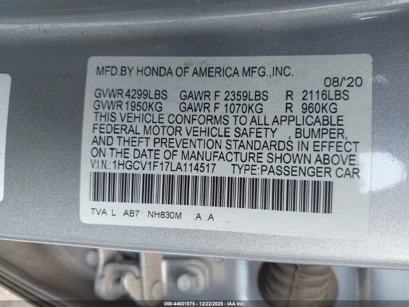 2020 Honda Accord Lx VIN: 1HGCV1F17LA114517 Lot: 44001575
