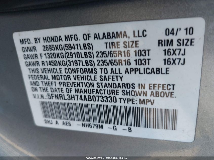 2010 Honda Odyssey Ex-L VIN: 5FNRL3H74AB073330 Lot: 44001579