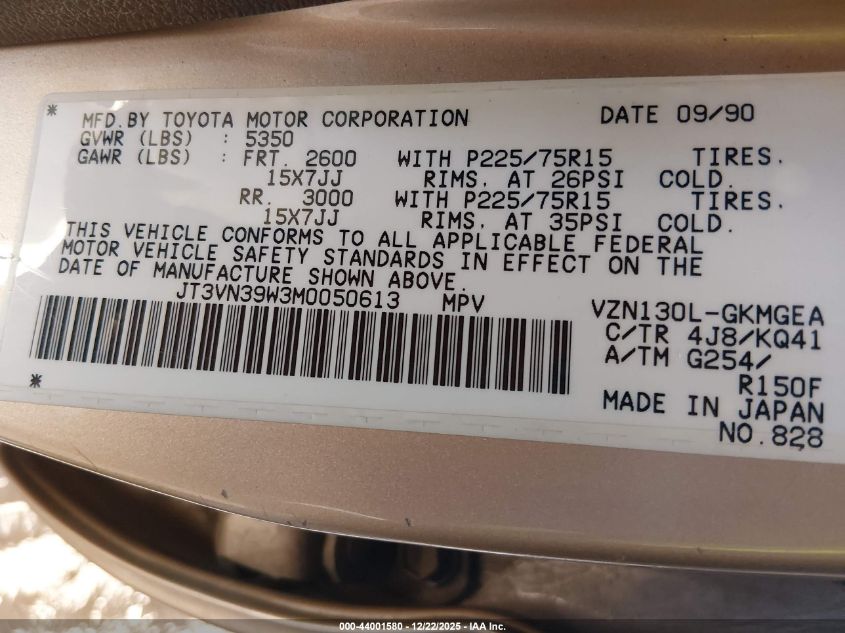 1991 Toyota 4Runner Vn39 Sr5 VIN: JT3VN39W3M0050613 Lot: 44001580