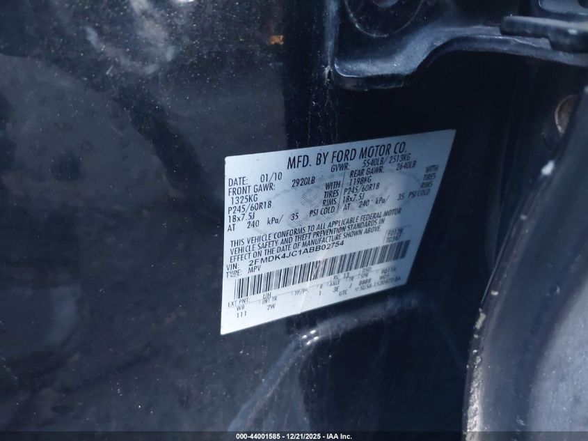 2010 Ford Edge Sel VIN: 2FMDK4JC1ABB02754 Lot: 44001585