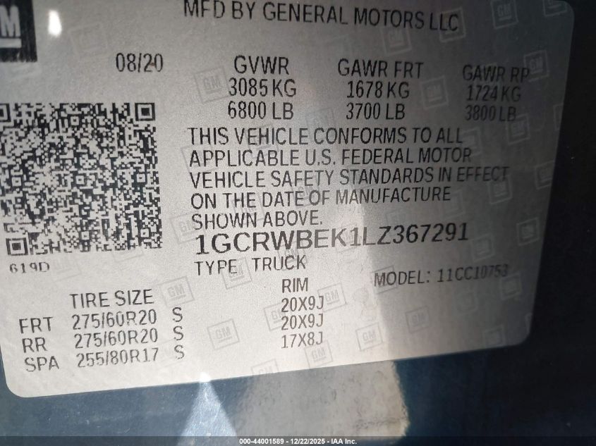 2020 Chevrolet Silverado 1500 2Wd Standard Bed Custom VIN: 1GCRWBEK1LZ367291 Lot: 44001589