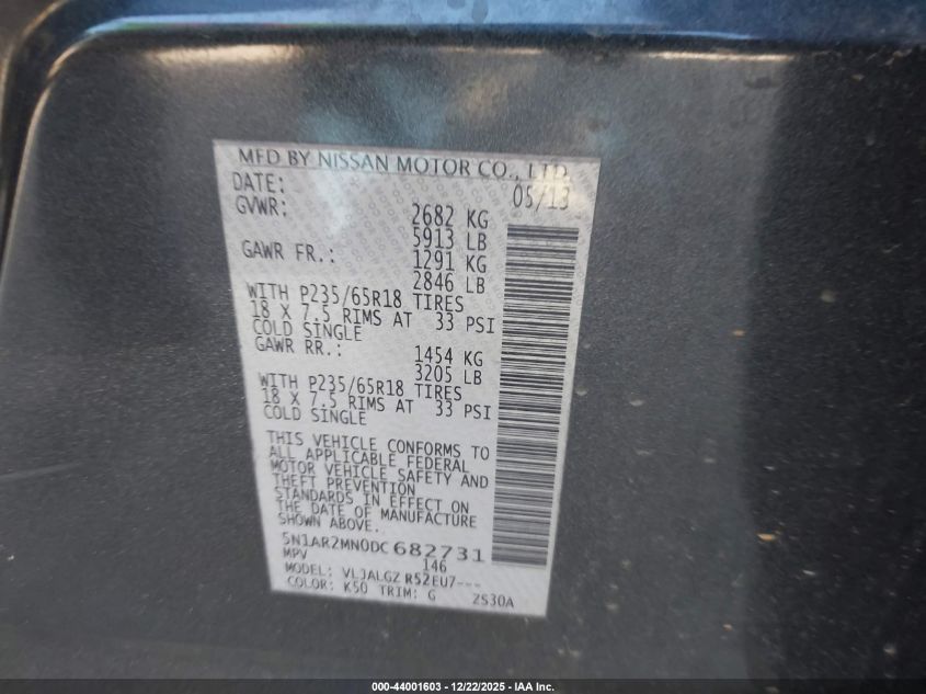 2013 Nissan Pathfinder Sl VIN: 5N1AR2MN0DC682731 Lot: 44001603