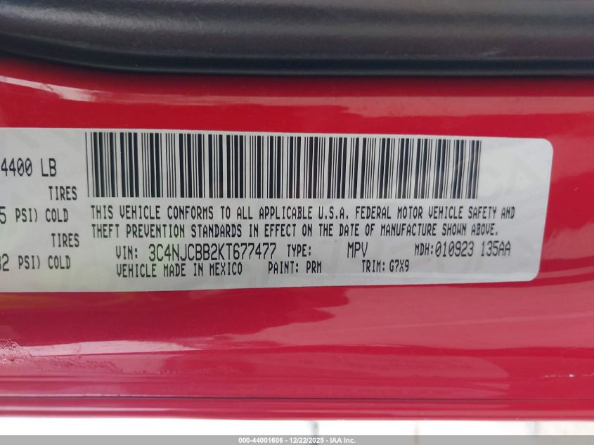 2019 Jeep Compass Latitude Fwd VIN: 3C4NJCBB2KT677477 Lot: 44001606