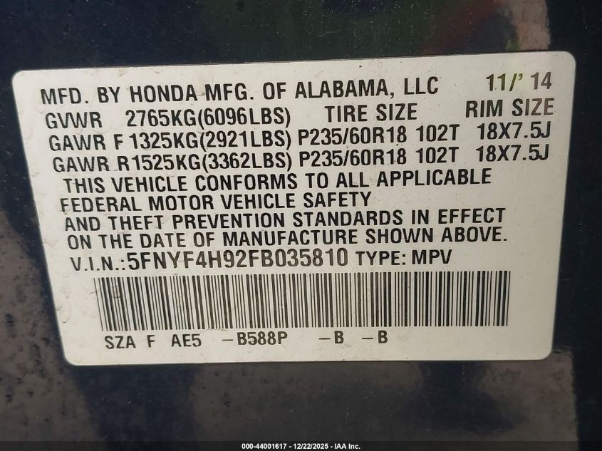 2015 Honda Pilot Touring VIN: 5FNYF4H92FB035810 Lot: 44001617