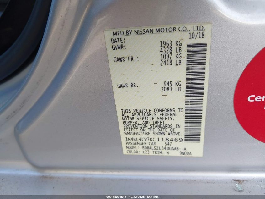 2019 Nissan Altima 2.5 Sr VIN: 1N4BL4CV7KC118469 Lot: 44001618