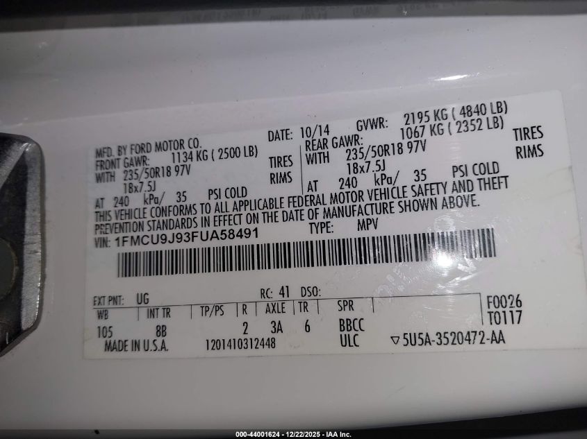 2015 Ford Escape Titanium VIN: 1FMCU9J93FUA58491 Lot: 44001624