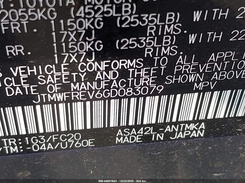 2016 Toyota Rav4 Xle VIN: JTMWFREV6GD083079 Lot: 44001643