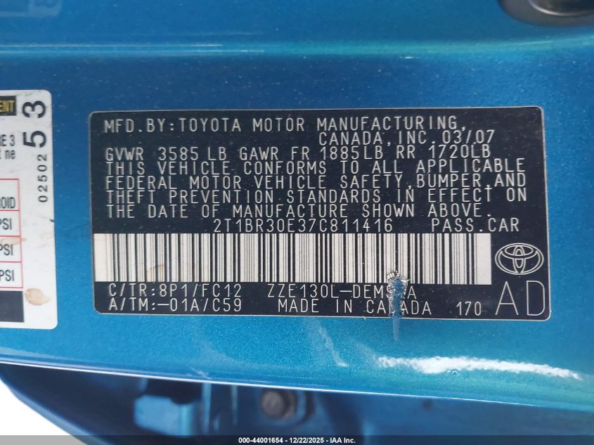 2007 Toyota Corolla S VIN: 2T1BR30E37C811416 Lot: 44001654