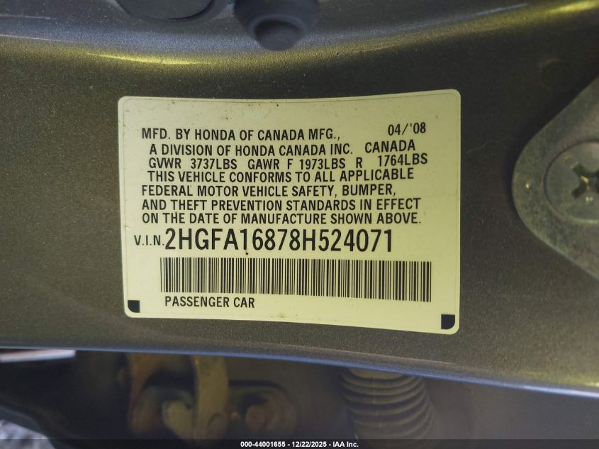 2008 Honda Civic Ex VIN: 2HGFA16878H524071 Lot: 44001655
