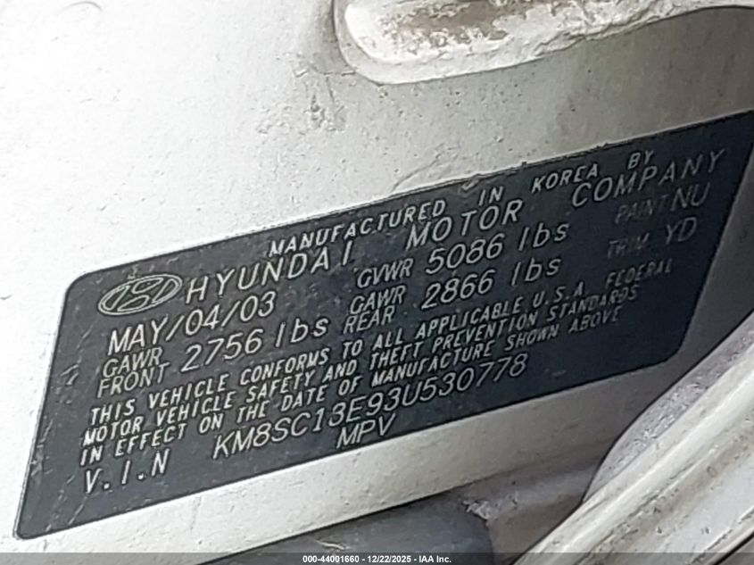 2003 Hyundai Santa Fe Gls/Lx VIN: KM8SC13E93U530778 Lot: 44001660