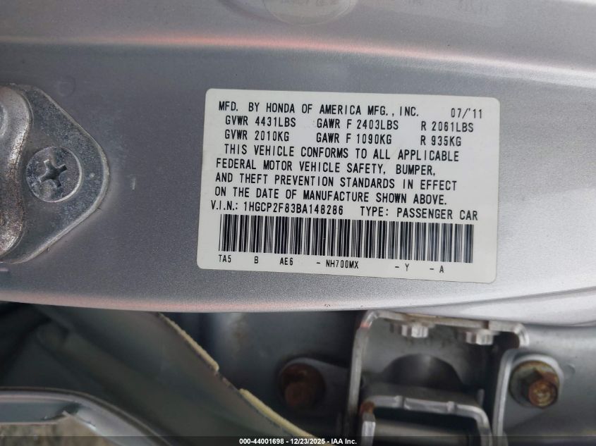 2011 Honda Accord 2.4 Ex-L VIN: 1HGCP2F83BA148286 Lot: 44001698