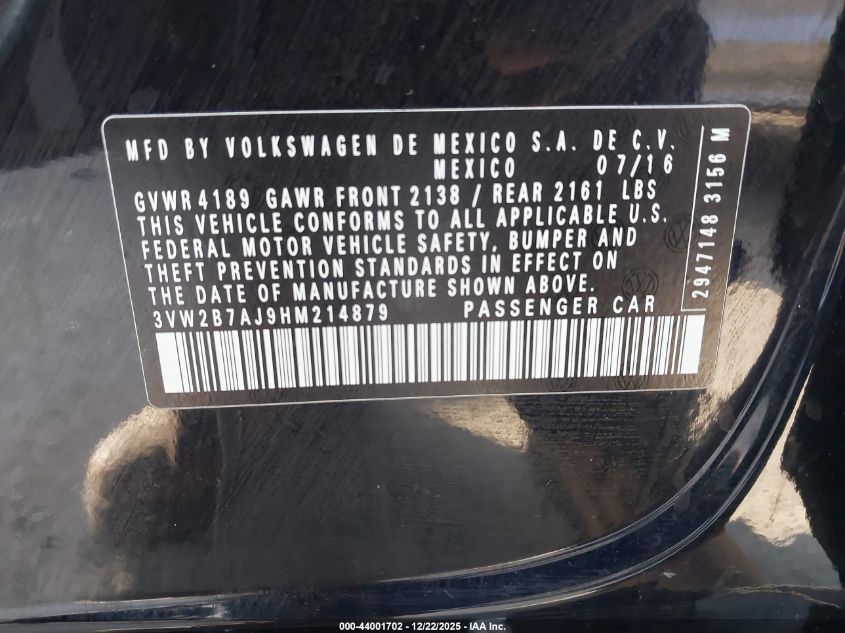 2017 Volkswagen Jetta 1.4T S VIN: 3VW2B7AJ9HM214879 Lot: 44001702
