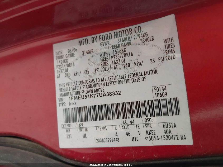 2007 Ford Explorer Sport Trac Xlt VIN: 1FMEU51K77UA38332 Lot: 44001710